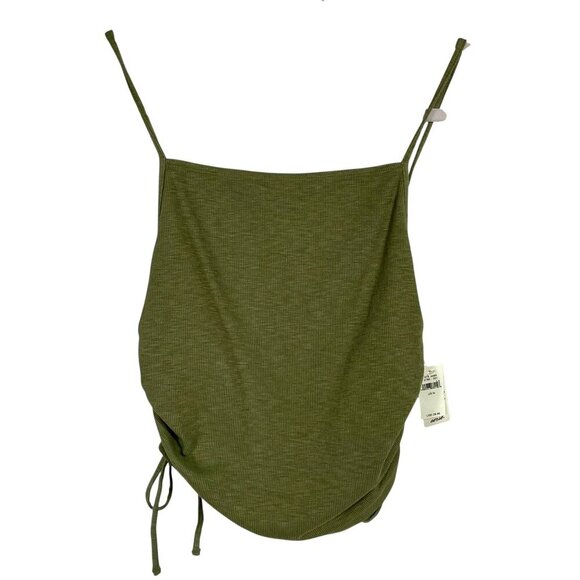 NWT aerie Ribbed Ruched Scrunched Side Tie Spaghetti Strap Crop Top Olive M - Picture 1 of 11